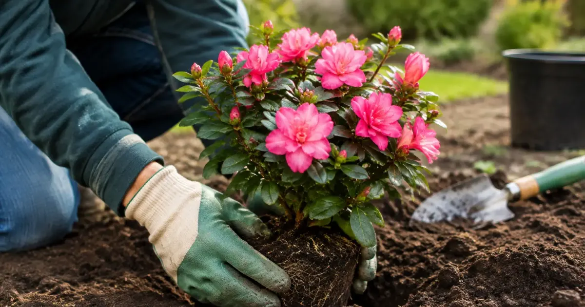 Jardinier agenouille plante une azalee dans terre brune