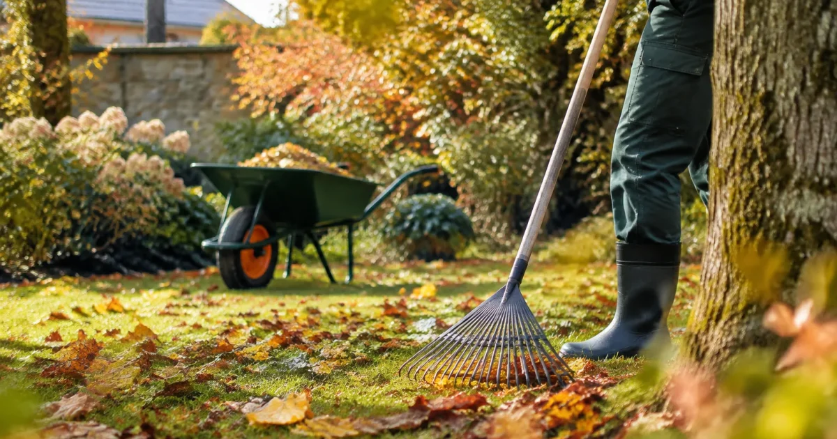 Jardinier ratissant une pelouse couverte de feuilles mortes