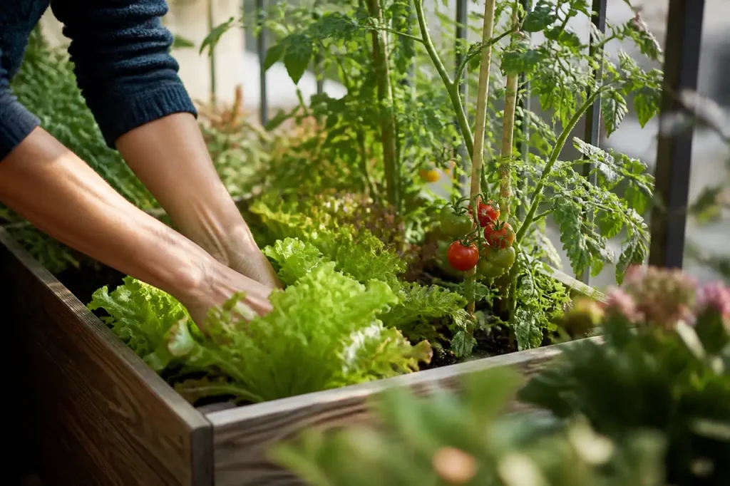 Jardiniere avec salades vertes et plants de tomates