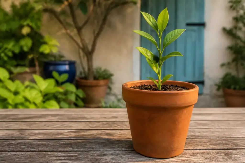 Jeune plant en pot terre cuite dehors au matin