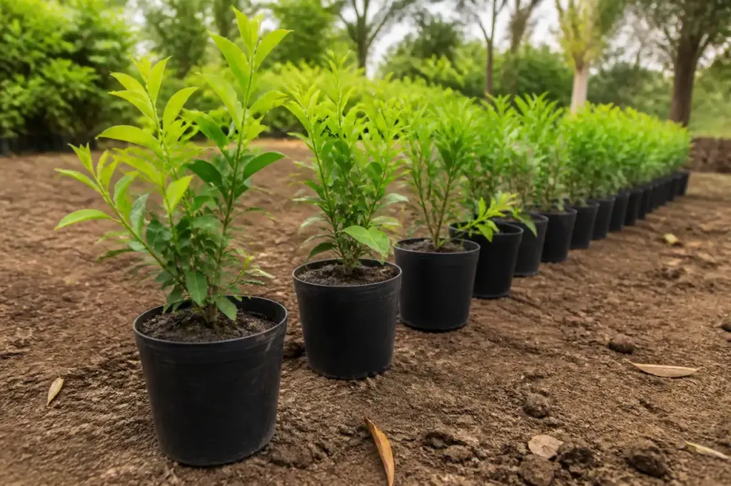 Jeunes arbustes en pots alignes sur une terre brune