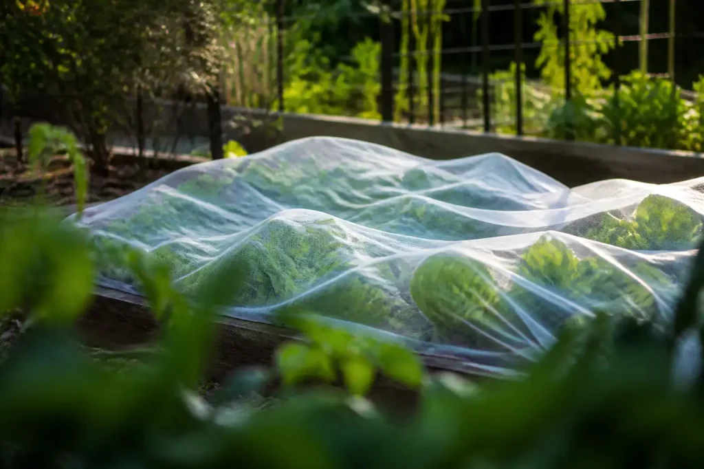 Jeunes salades couvertes d'un voile blanc au jardin
