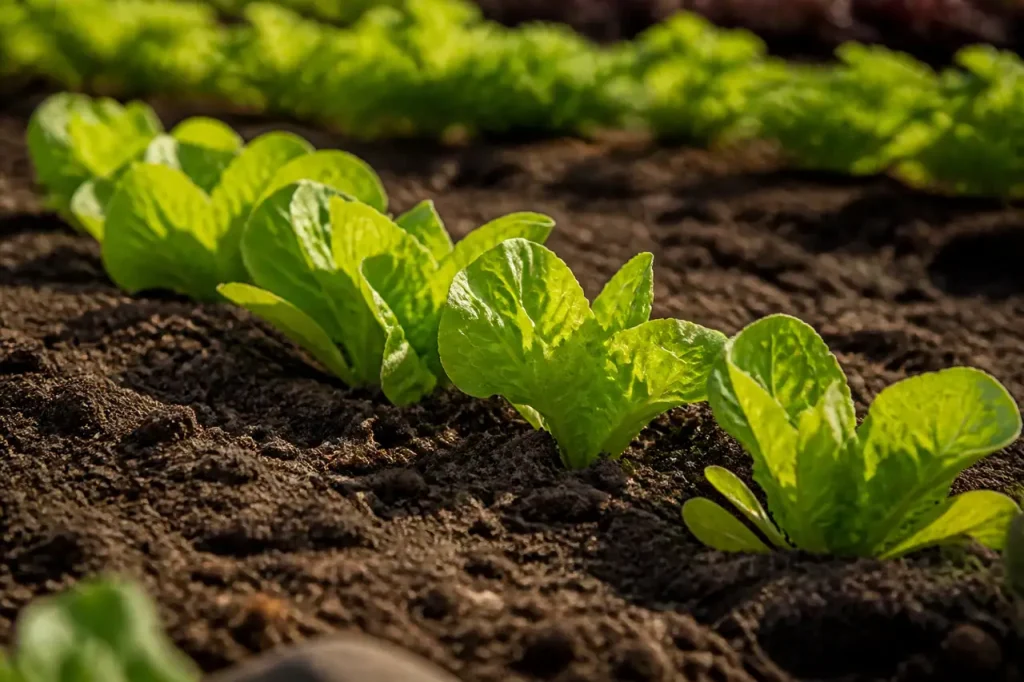 Jeunes salades en rang dans terre brune