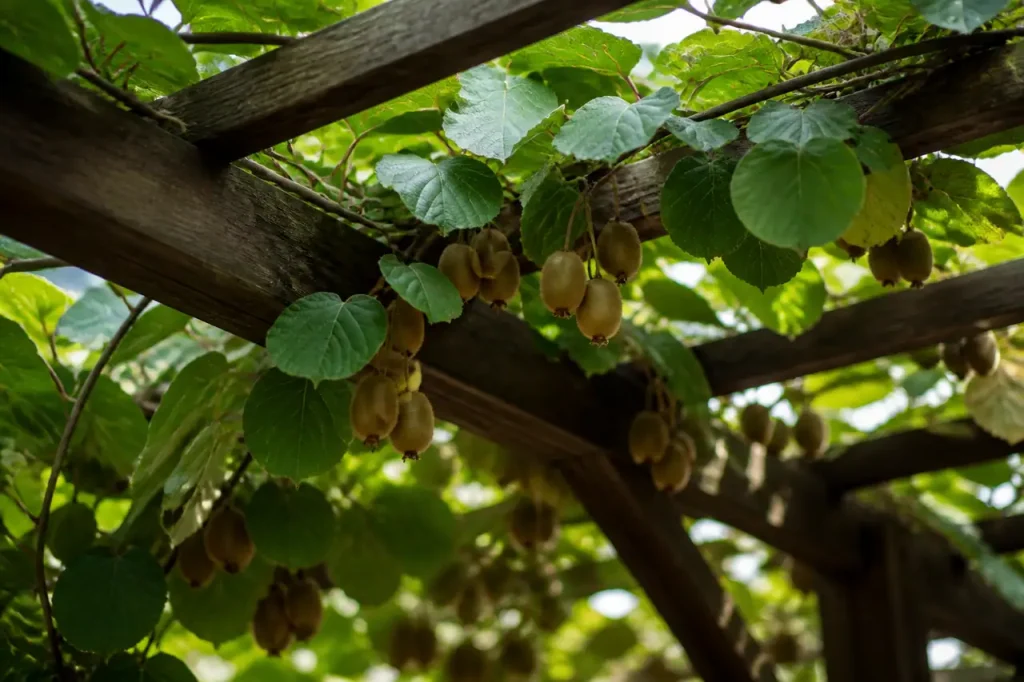 Kiwis grimpants sur pergola en bois massif