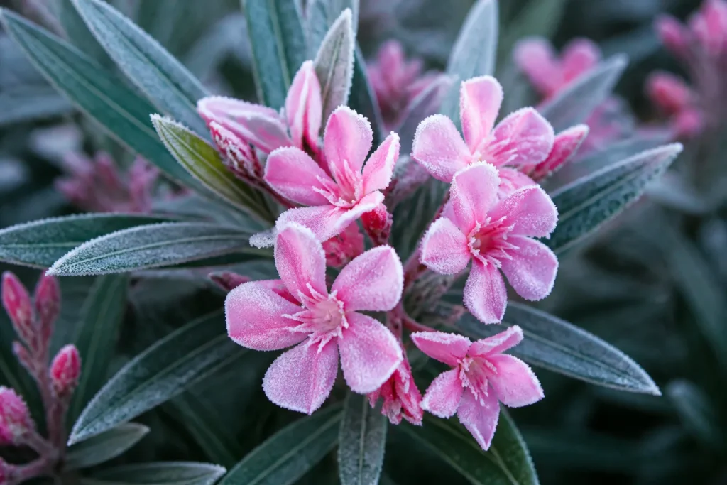 Lauriers roses aux fleurs simples couverts de givre