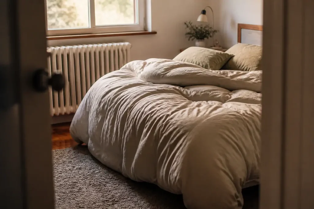 Lit douillet avec couette epaisse pres dun radiateur