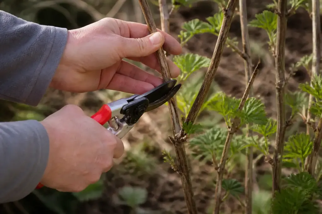 Main coupant une tige de framboisier au secateur