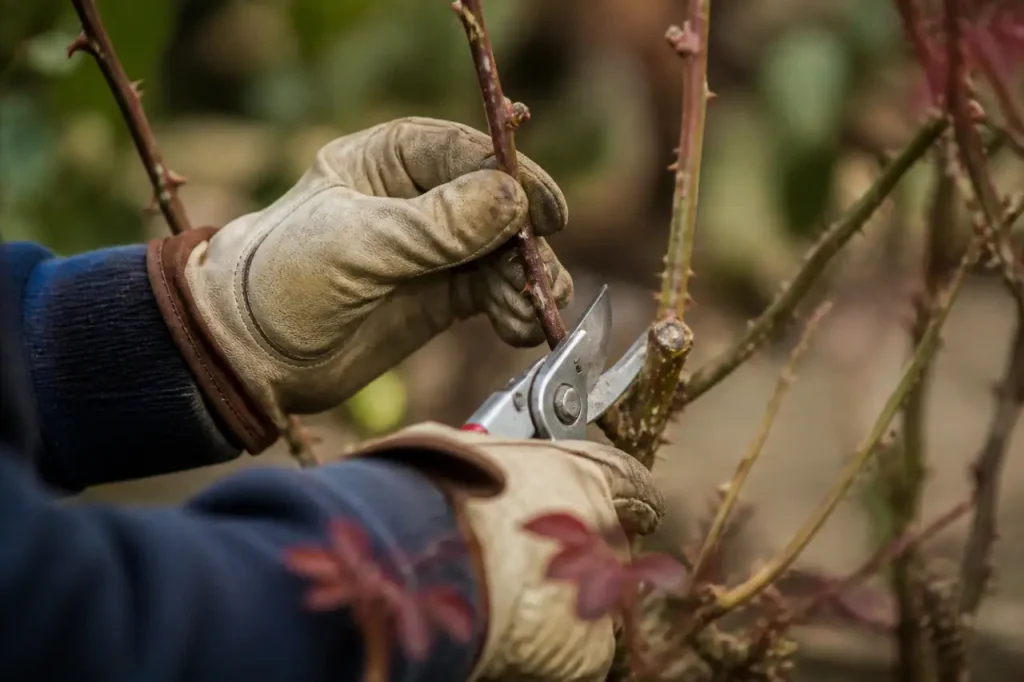 Main gantee coupant une tige brune de rosier