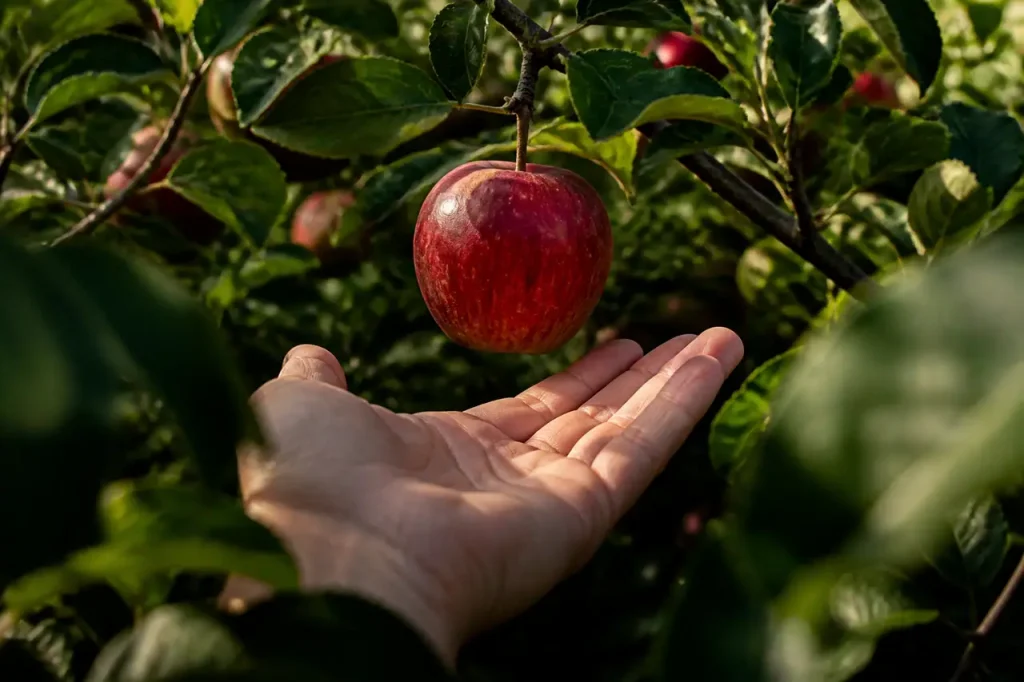 Main ouverte sous une pomme rouge parmi les branches