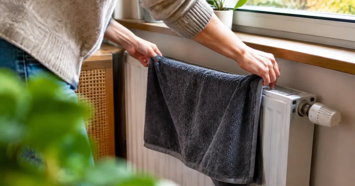 Main posant un linge humide sur un radiateur