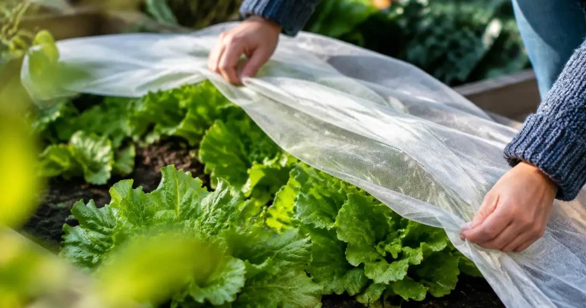 Main posant un voile blanc sur des salades