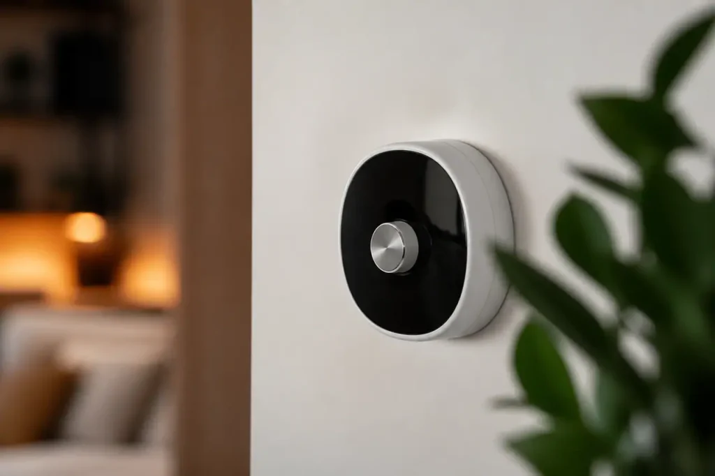 Main reglant un thermostat numerique sur mur blanc