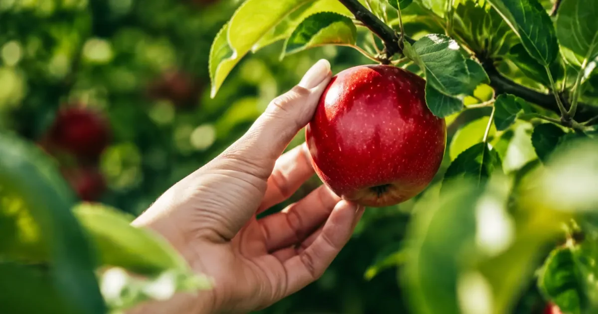 Main tirant vers le bas un fruit rouge