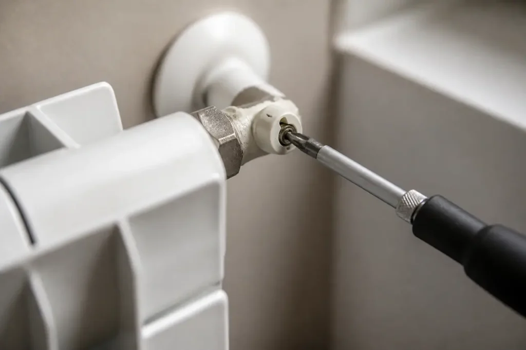 Main tournant une petite vis sur radiateur blanc