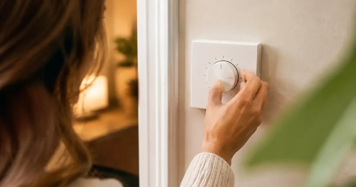Main tournant un thermostat mural blanc sur mur beige