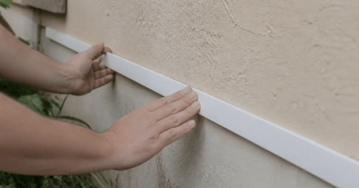 Mains fixant une bande blanche au mur bas.