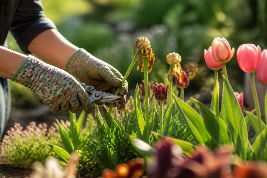 Mains gantees coupant des tetes fanees pres de tulipes
