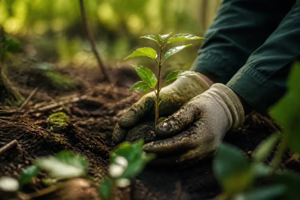 Mains gantees tenant un jeune arbre dans la terre