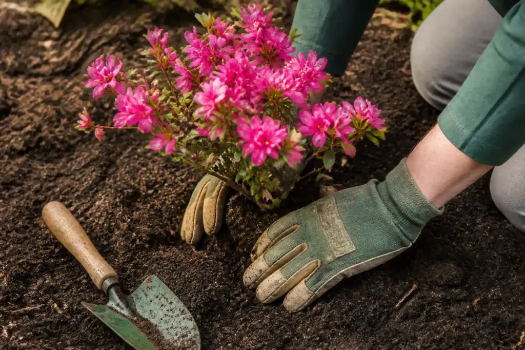 Mains gantees plantant un azalee rose dans la terre