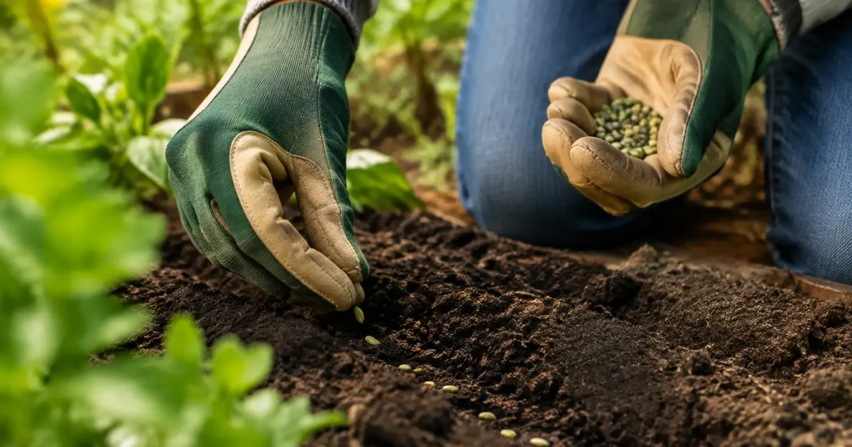 Mains gantees semant des graines vertes dans un potager