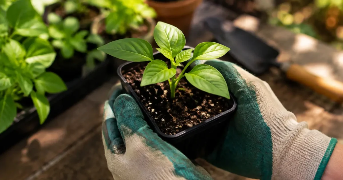 Mains gantees tenant une jeune plante en godet