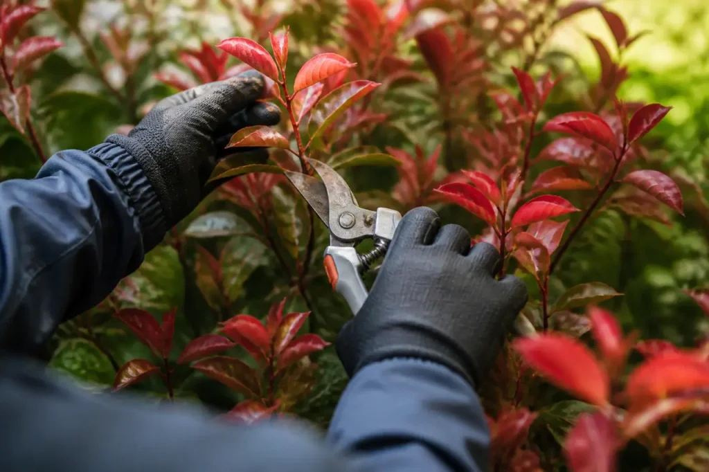 Mains gantees tenant un secateur pres arbuste feuilles rouges