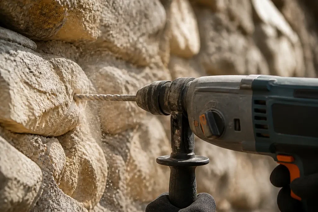 Mains tenant une perceuse devant un mur en pierre