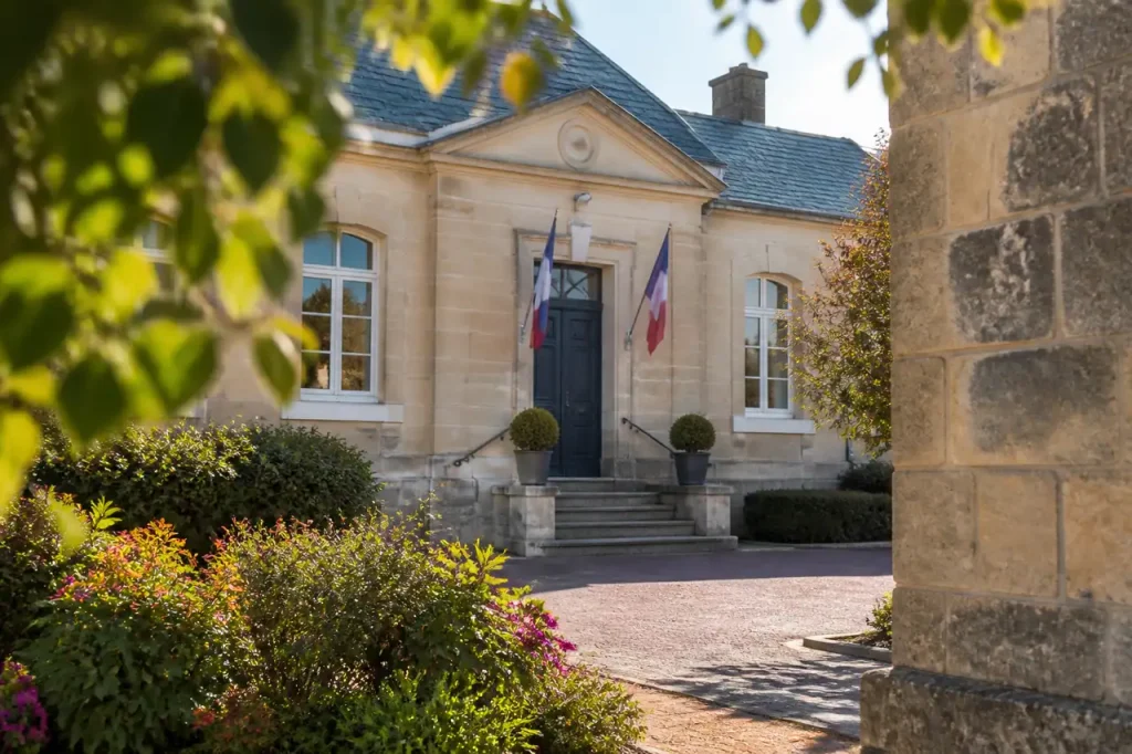 Mairie de village avec panneau affichant tarifs et horaires