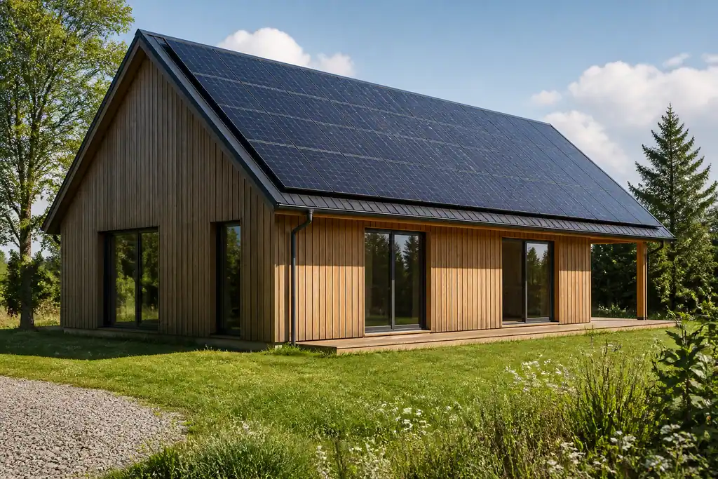 Maison en bois avec panneaux solaires sur toit pentu