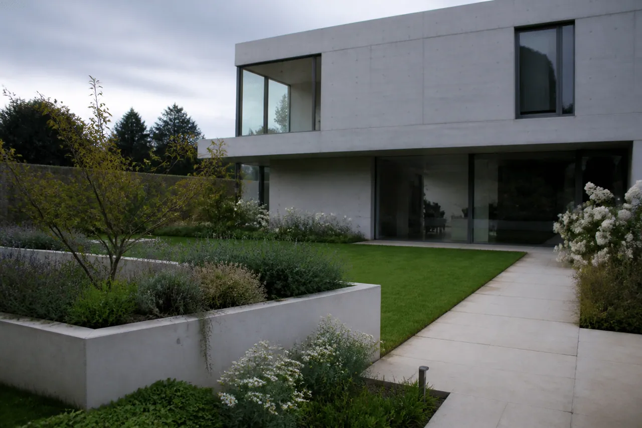 Maison moderne avec jardin aux lignes épurées et béton