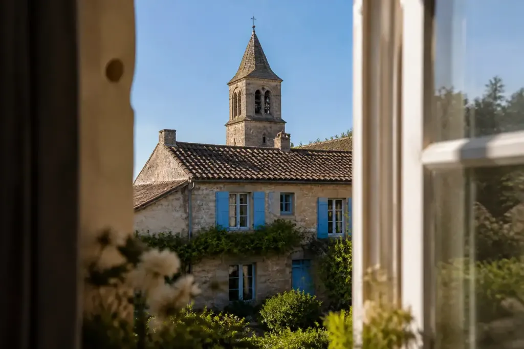Maison aux volets bleus pres dun clocher en pierre