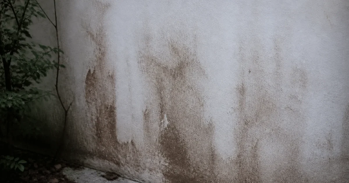 Mur blanc avec taches brunes d'humidité s'étendant vers le bas.