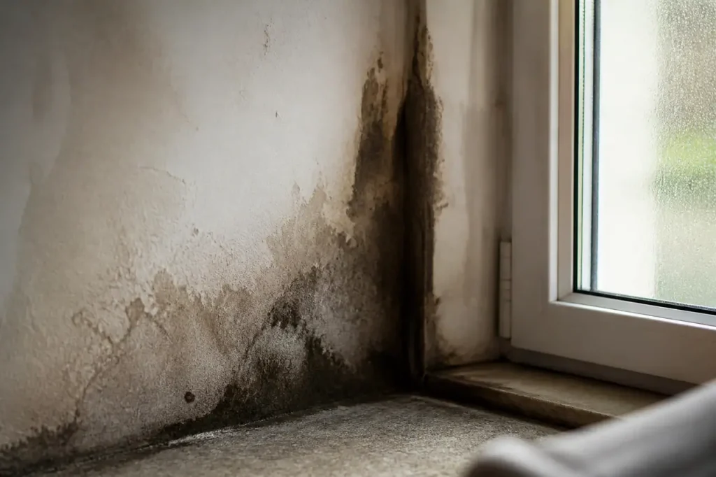 Mur humide avec tache sombre pres de la fenetre