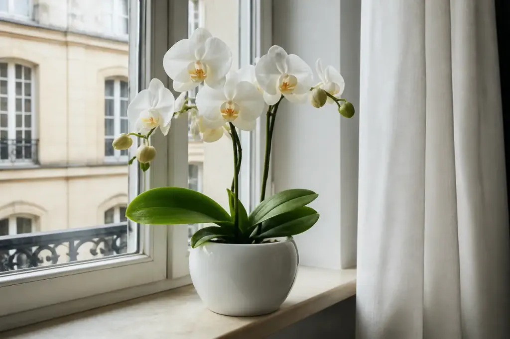 Orchidee blanche en fleurs sur un rebord de fenetre