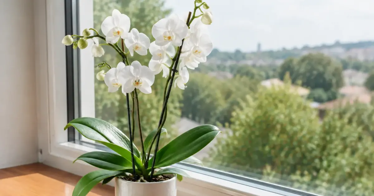 Orchidee blanche en pot sur rebord de fenetre