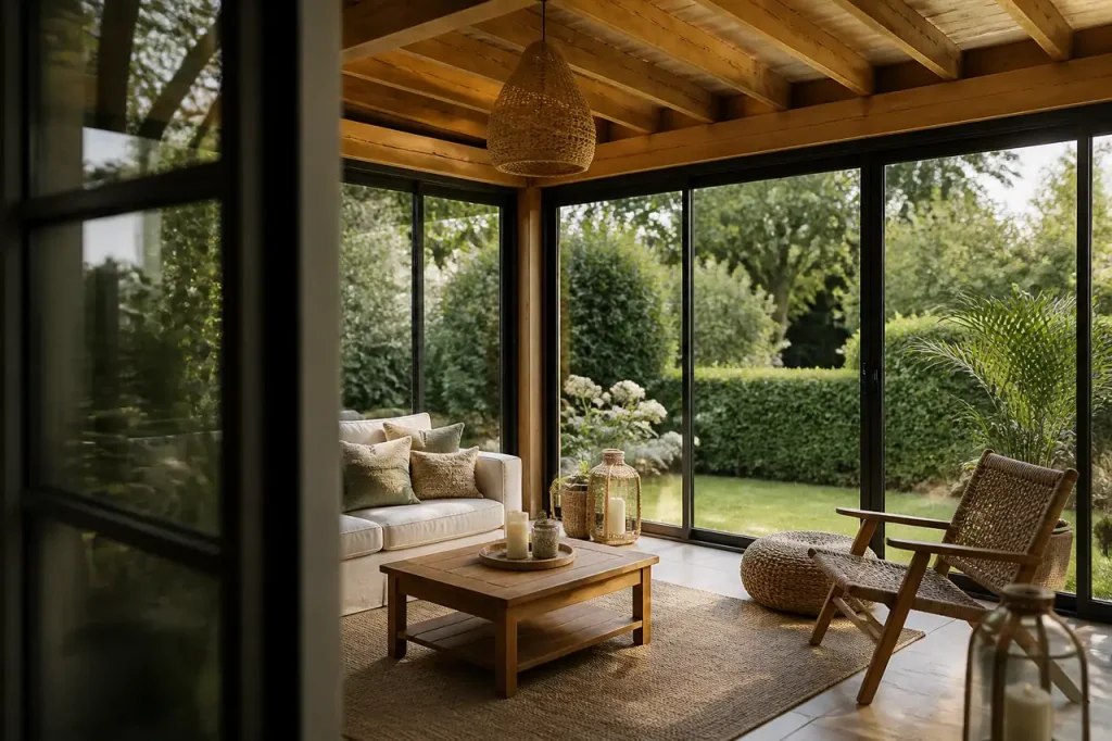 Pergola en bois fermee par des parois vitrees