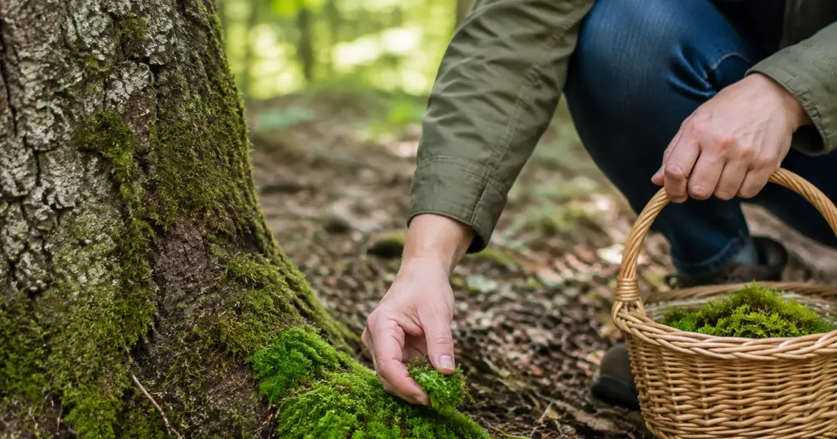 Personne accroupie cueillant mousse verte au pied dun arbre