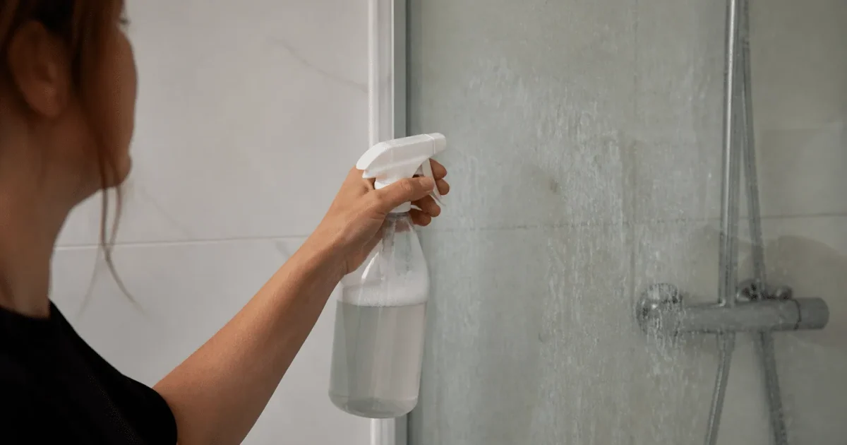 Personne aspergeant une paroi de douche calcifiée blanche