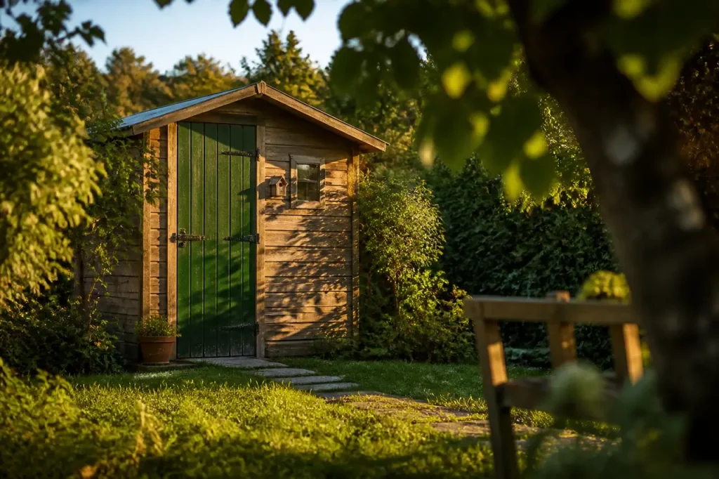 petit abri de jardin en bois avec porte verte