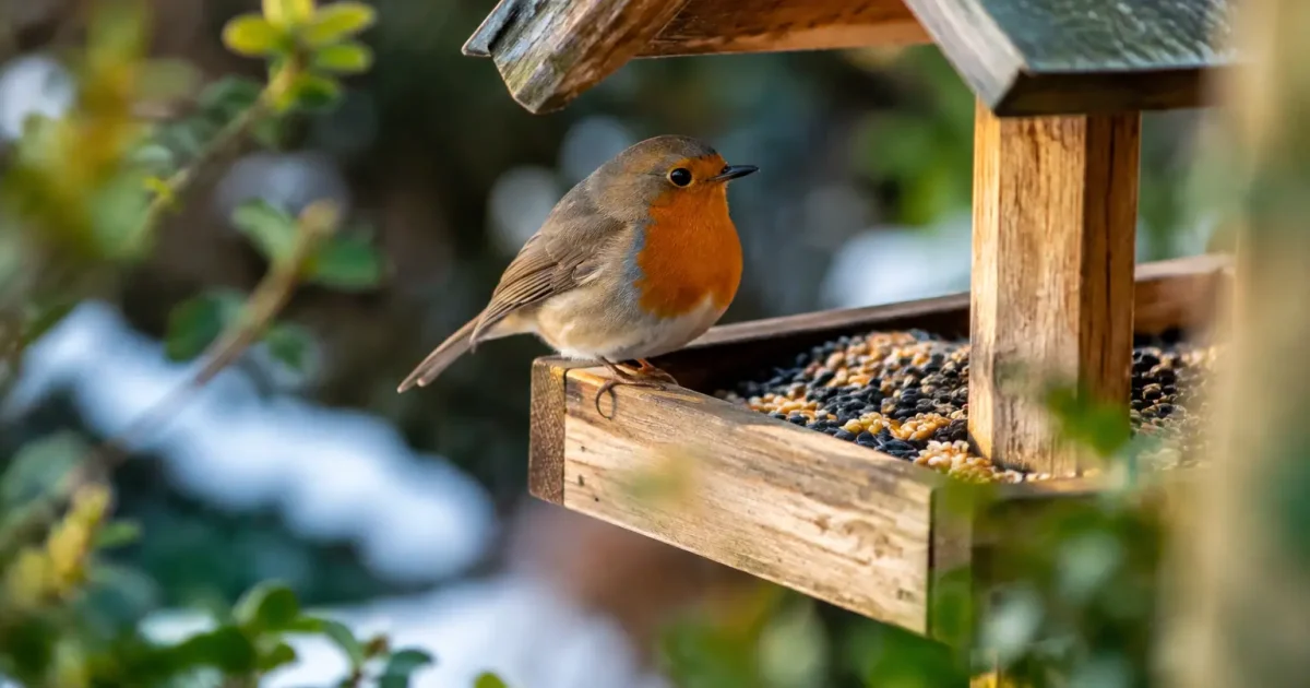 Petit oiseau roux perche sur une mangeoire en bois