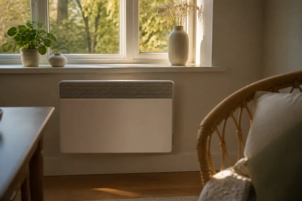 Petit radiateur electrique blanc sous une fenetre lumineuse