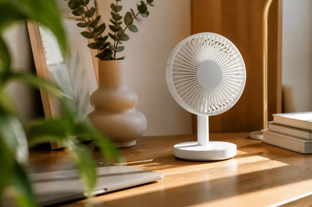 Petit ventilateur blanc sur table en bois clair