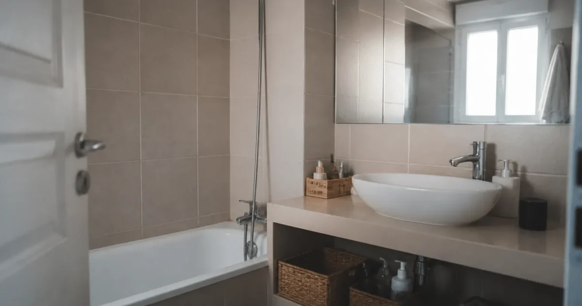 Petite salle de bain carrelée avec baignoire et miroir mural.