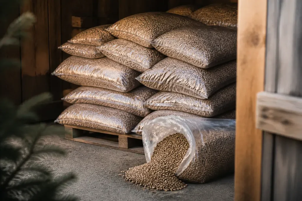 Pile de sacs de granules, un sac ouvert