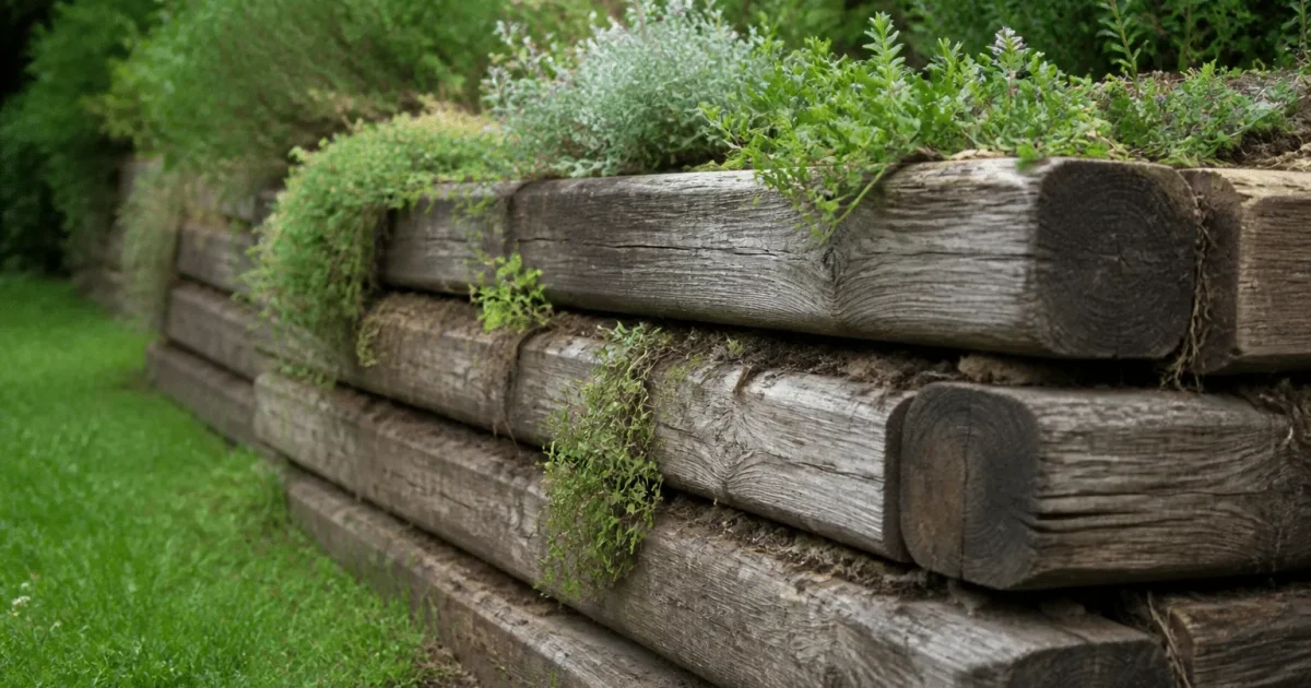 Planches de bois empilees horizontalement remplies terre plantes