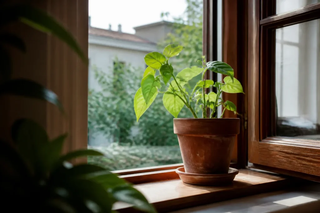 Plante verte devant fenetre lumineuse pot en terre cuite