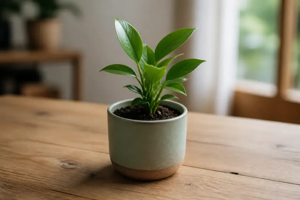 Jeune plante verte en pot sur table en bois