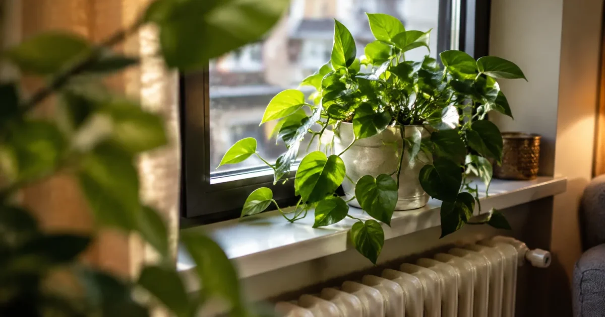Plante verte sur rebord de fenetre pres du radiateur
