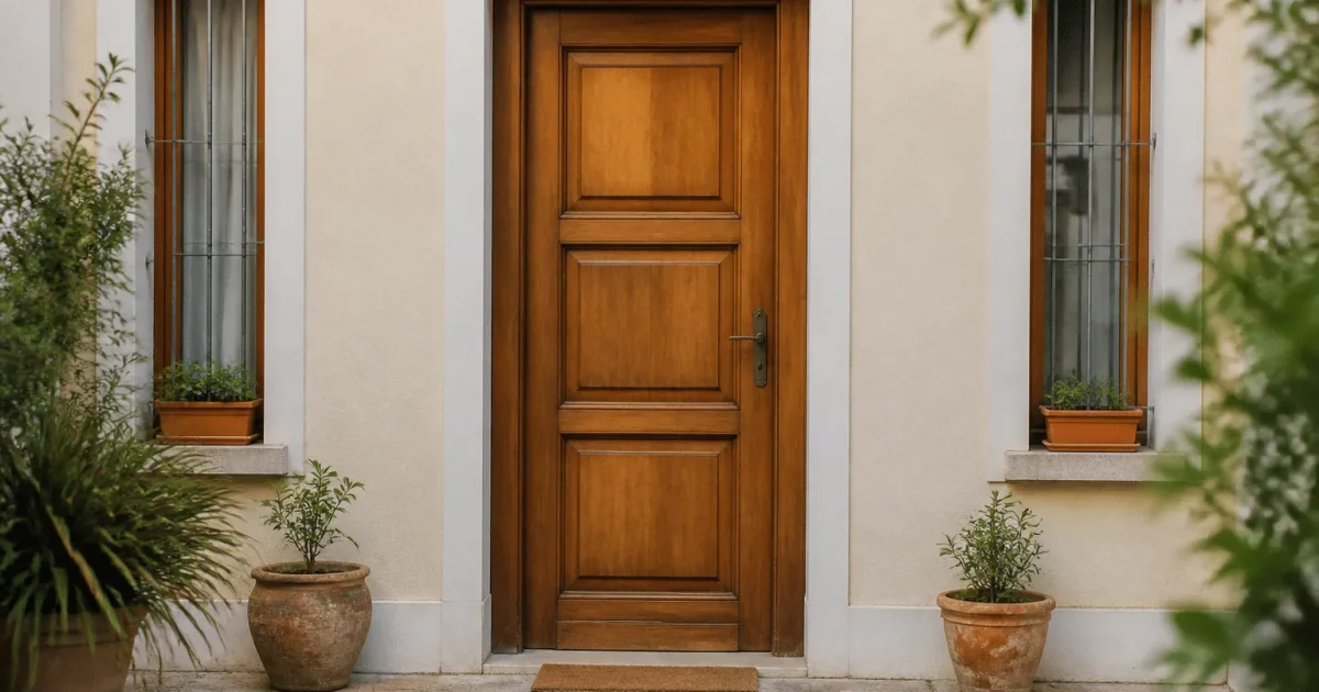 Porte d'entrée en bois massif face avant maison.