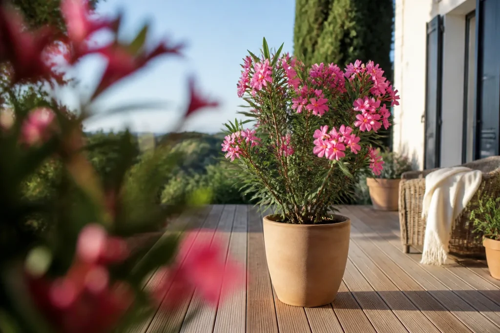 Pot de laurier rose sur terrasse en bois